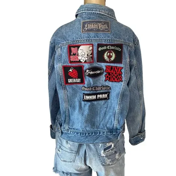 Steve & Barry's Blue Denim Jacket with Band Patches - Picture 1 of 9